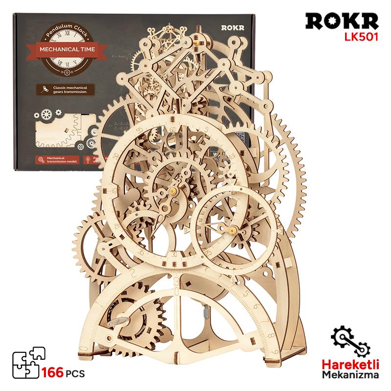 ROKR LK501 Hareketli Sarkaçlı Saat Pendulum Clock DIY Minyatür Maket ModelSet Ahşap 3D Wooden Puzzle 3D Model Kit Detaylı Dekoratif Hobi Seti Ahşap Maket
