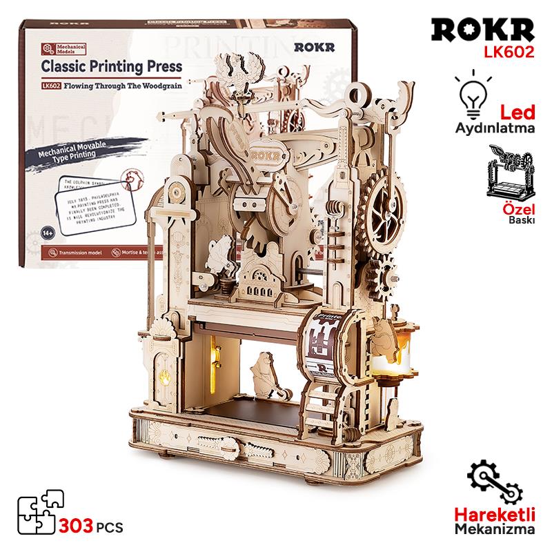 ROKR LK602 Baskı Makinesi Classic Printing Press DIY Minyatür Maket Model Set Ahşap 3D Wooden Puzzle 3D Model Kit Detaylı Dekoratif Hobi Seti Ahşap Maket