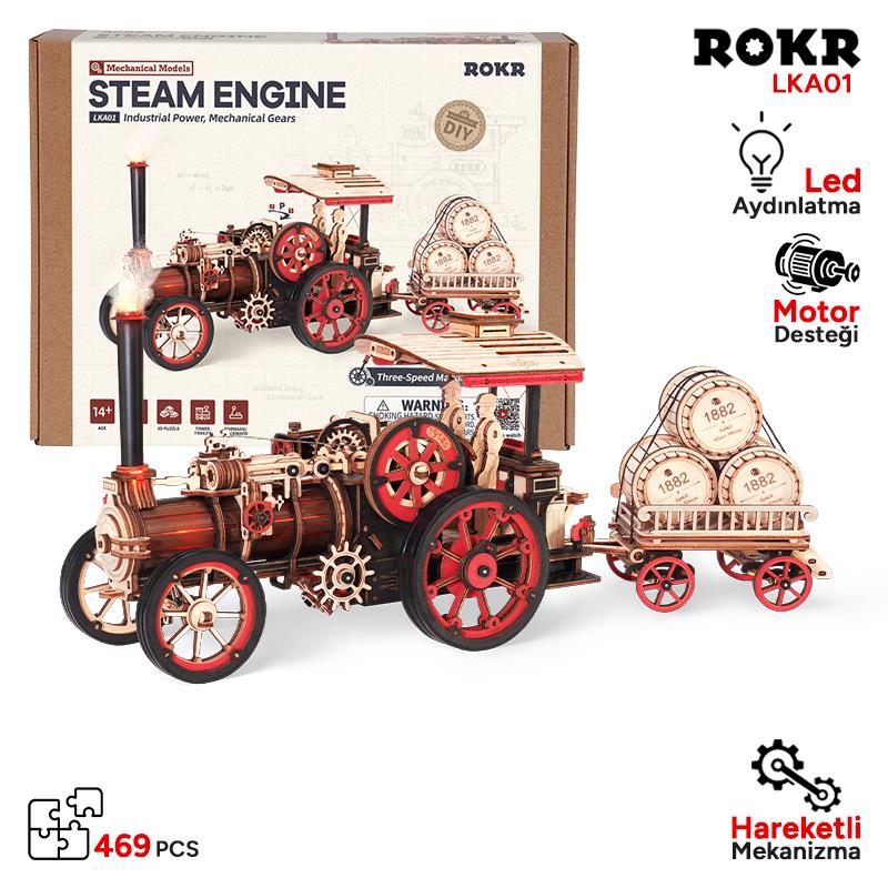 ROKR LKA01 Buhar Motorlu Araba (Steam Engine) DIY Minyatür Maket Model Seti Ahşap 3D Wooden Puzzle 3D Model Kit Detaylı Dekoratif Hobi Seti Ahşap Maket