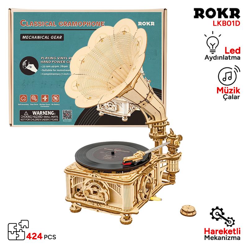 ROKR LKB01D Hareketli Gramofon Classical Gramophone DIY Minyatür Model Seti Ahşap 3D Wooden Puzzle 3D Model Kit Detaylı Dekoratif Hobi Seti Ahşap Maket