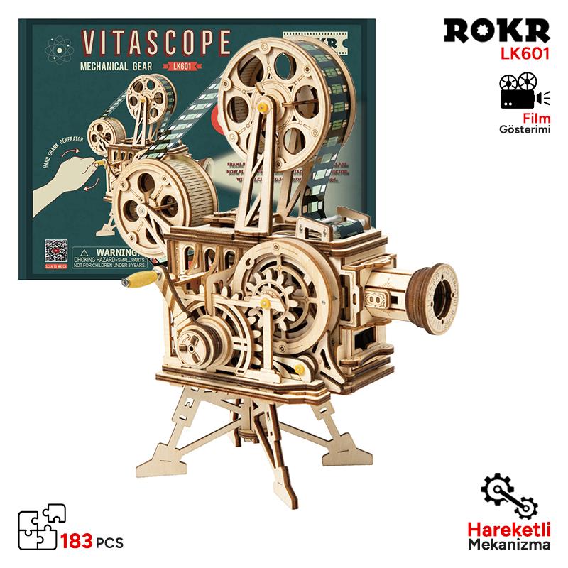 ROKR LK601 Hareketli Film Kamerası (Vitascope) DIY Minyatür Maket Model Seti Ahşap 3D Wooden Puzzle 3D Model Kit Detaylı Dekoratif Hobi Seti Ahşap Maket