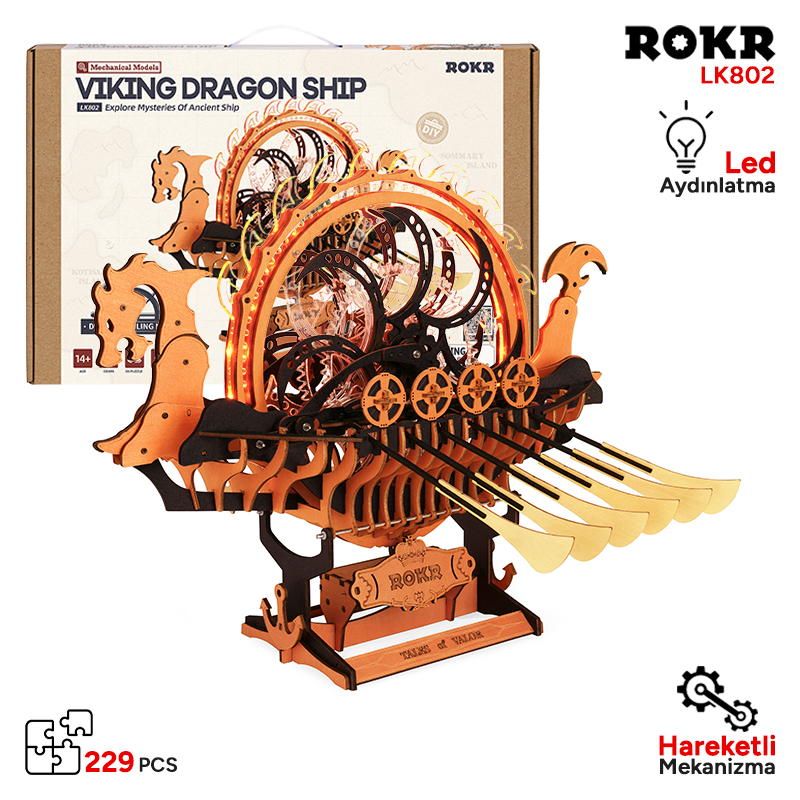 ROKR LK802 Viking Gemisi (Viking Dragon Ship) DIY Minyatür Maket Model Seti Ahşap 3D Wooden Puzzle 3D Model Kit Detaylı Dekoratif Hobi Seti Ahşap Maket