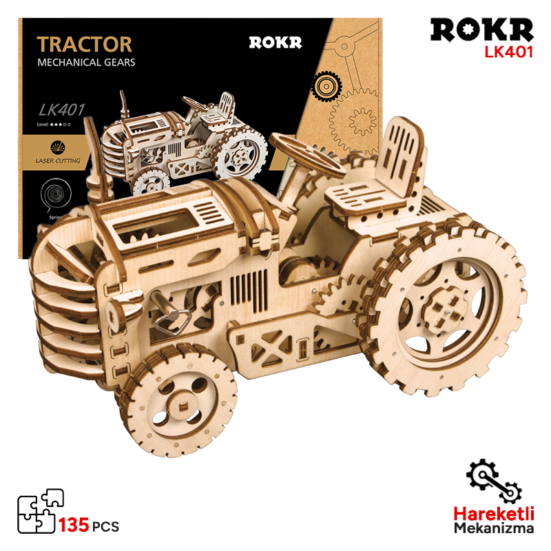 ROKR LK401 Traktör (Tractor) DIY Minyatür Maket Model Seti Ahşap 3D Wooden Puzzle 3D Model Kit Detaylı Dekoratif Hobi Seti Ahşap Maket