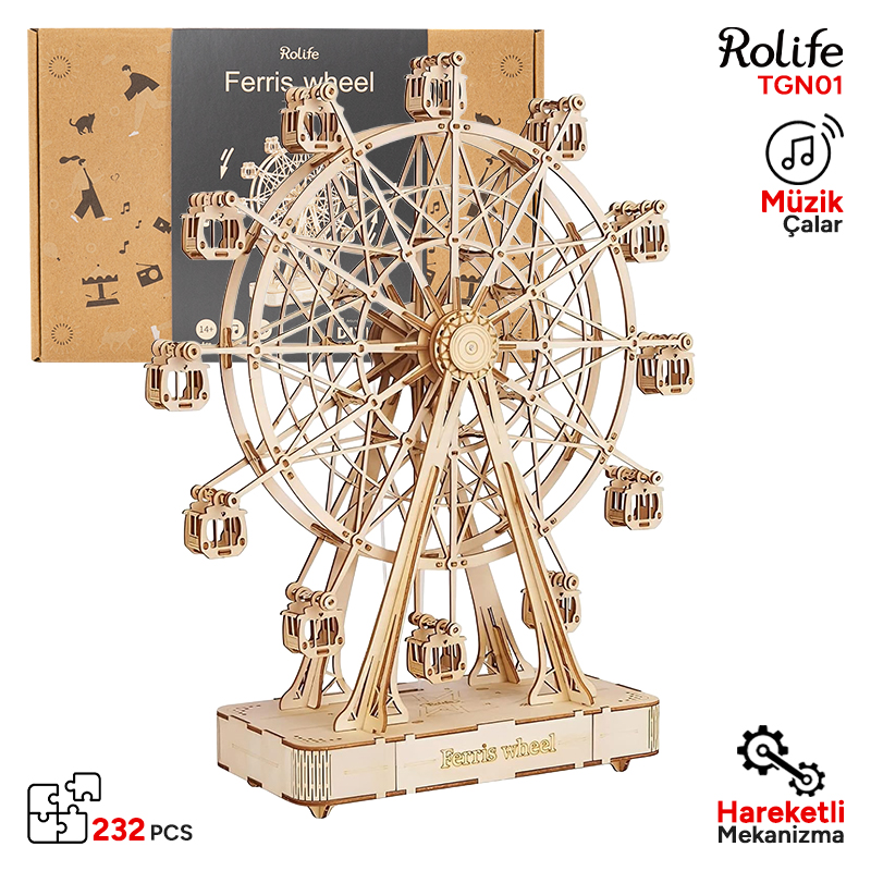 Rolife TGN01 Dönme Dolap Görünümlü Müzik Kutusu (Music Box Ferris Wheel) DIY Minyatür Maket Model Seti Ahşap 3D Wooden Puzzle 3D Model Kit Detaylı Dekoratif Hobi Seti Ahşap Maket