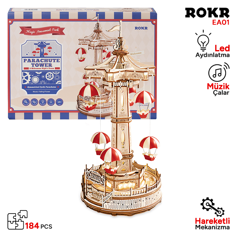 ROKR EA01 Müzik Kutusu Parachute Tower Music Box DIY 3D Wooden Puzzle Maket Model Seti 3D Model Kit Detaylı Dekoratif Hobi Seti Ahşap Maket Hareketli ve Işıklı