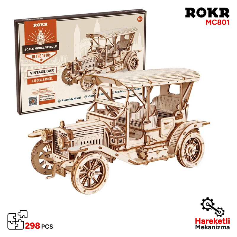 ROKR MC801 Klasik Araba (Vintage Car) DIY Minyatür Maket Model Seti Ahşap 3D Wooden Puzzle 3D Model Kit Detaylı Dekoratif Hobi Seti Ahşap Maket