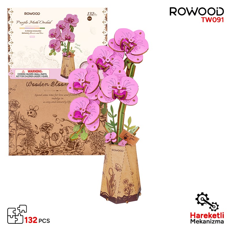 Rowood TW091 Orkide Çiçeği Purple Moth Orchid DIY Minyatür Maket Model Set Ahşap 3D Wooden Puzzle Model Kit Ahşap Maket Dekoratif Hobi Seti