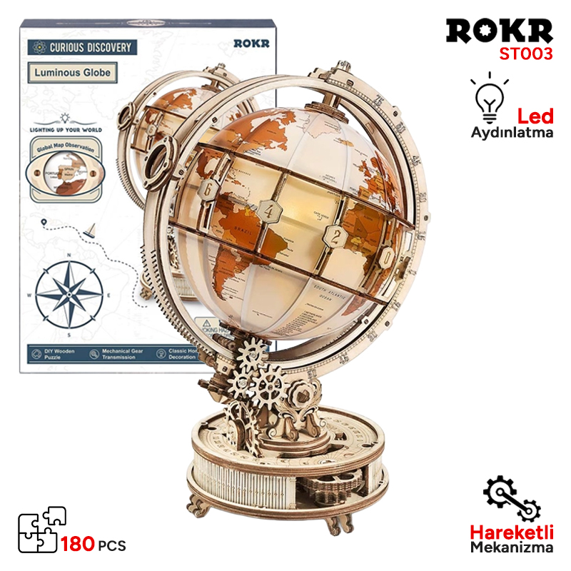 ROKR ST003 Işıklı Küre (Luminous Globe) DIY Mechanical 3D Puzzle Maket Model Seti 3D Model Kit Detaylı Dekoratif Hobi Seti Ahşap Maket Hareketli