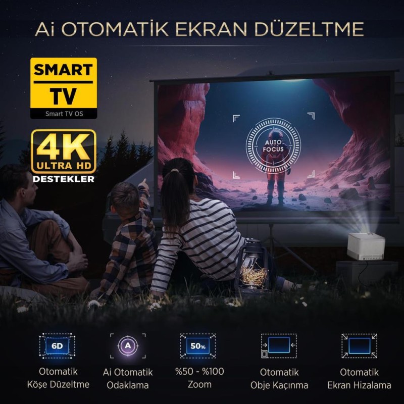 Vankyo Aurzen Boom 3 4K Smart TV Projeksiyon Cihazı +Auto Focus+Auto Keystone+6G WiFi+5.2 Bluetooth+300 İnç Yansıtma+36W HiFi Dolby Ses Sistemi Gold - PS5/PS4/XBOX