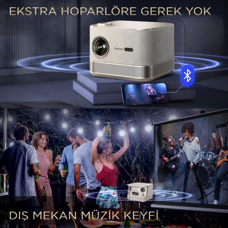 Vankyo Aurzen Boom 3 4K Smart TV Projeksiyon Cihazı +Auto Focus+Auto Keystone+6G WiFi+5.2 Bluetooth+300 İnç Yansıtma+36W HiFi Dolby Ses Sistemi Gold - PS5/PS4/XBOX