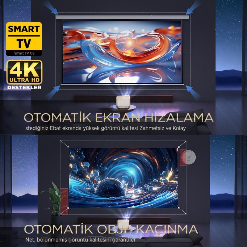 Vankyo Aurzen Boom 3 4K Smart TV Projeksiyon Cihazı +Auto Focus+Auto Keystone+6G WiFi+5.2 Bluetooth+300 İnç Yansıtma+36W HiFi Dolby Ses Sistemi Gold - PS5/PS4/XBOX