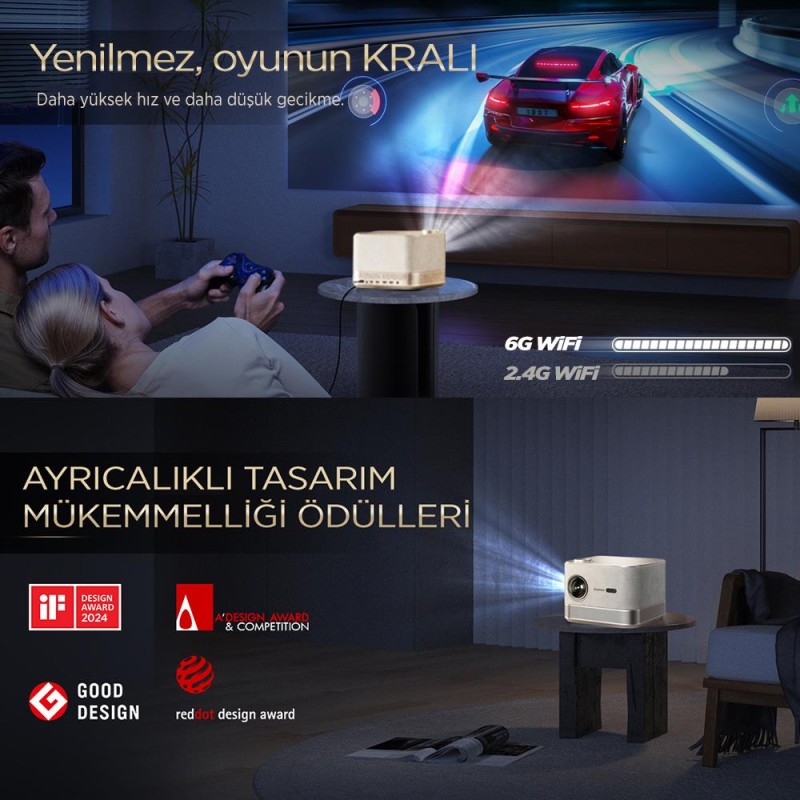 Vankyo Aurzen Boom 3 4K Smart TV Projeksiyon Cihazı +Auto Focus+Auto Keystone+6G WiFi+5.2 Bluetooth+300 İnç Yansıtma+36W HiFi Dolby Ses Sistemi Gold - PS5/PS4/XBOX