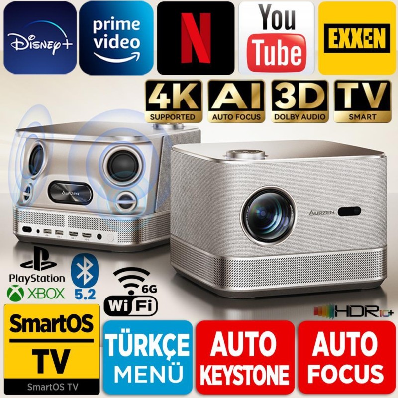 Vankyo Aurzen Boom 3 4K Smart TV Projeksiyon Cihazı +Auto Focus+Auto Keystone+6G WiFi+5.2 Bluetooth+300 İnç Yansıtma+36W HiFi Dolby Ses Sistemi Gold - PS5/PS4/XBOX