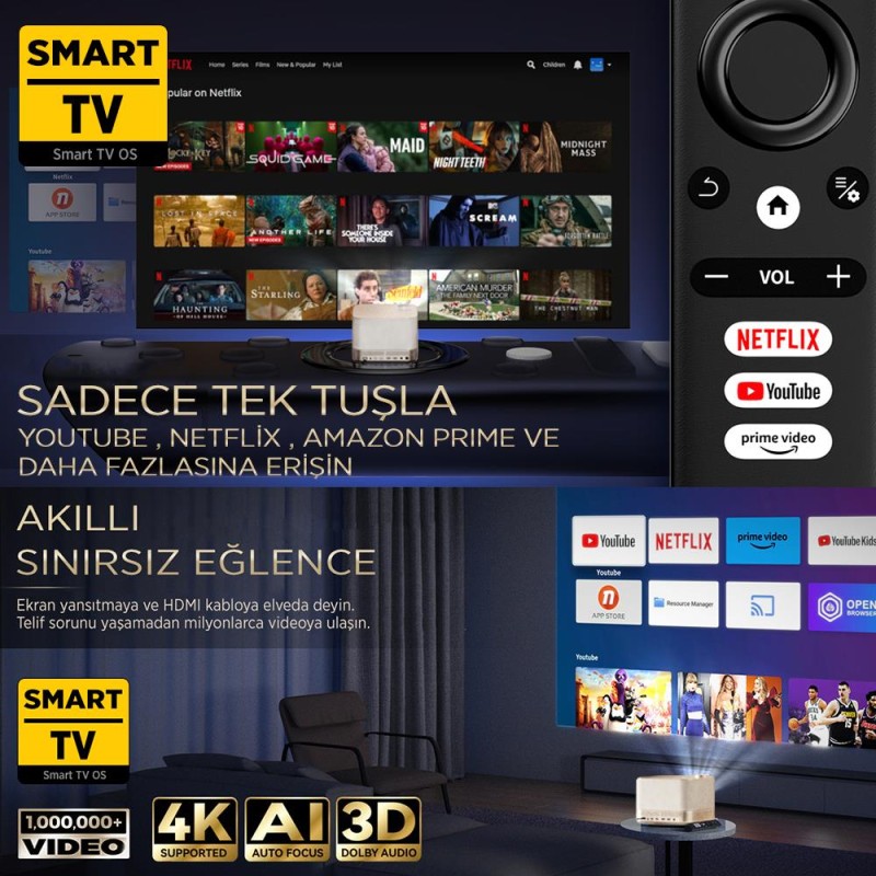 Vankyo Aurzen Boom 3 4K Smart TV Projeksiyon Cihazı +Auto Focus+Auto Keystone+6G WiFi+5.2 Bluetooth+300 İnç Yansıtma+36W HiFi Dolby Ses Sistemi Gold - PS5/PS4/XBOX