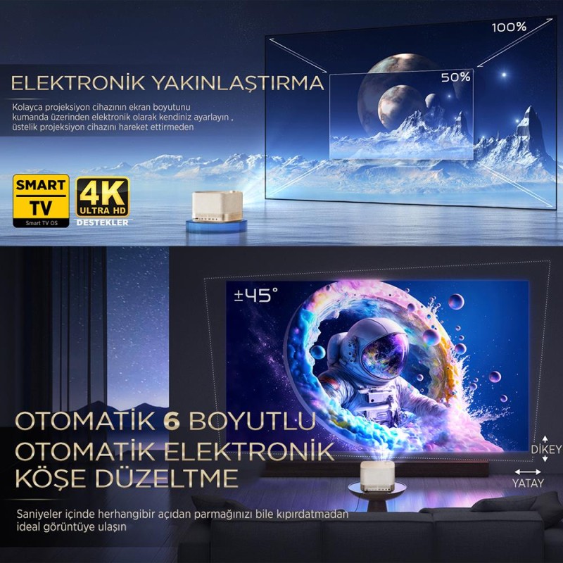 Vankyo Aurzen Boom 3 4K Smart TV Projeksiyon Cihazı +Auto Focus+Auto Keystone+6G WiFi+5.2 Bluetooth+300 İnç Yansıtma+36W HiFi Dolby Ses Sistemi Gold - PS5/PS4/XBOX