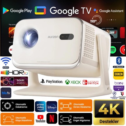 AURZEN - Vankyo Aurzen Boom Mini Android Google TV 4K Destekli Projeksiyon Cihazı +HDR10+ToF Auto Focus+ToF Auto Keystone+6G WiFi+6.1BT+20W Dolby Ses Sistemi+Ayarlanabilir Açılı Beyaz - PS5/PS4/XBOX/NINTENDO