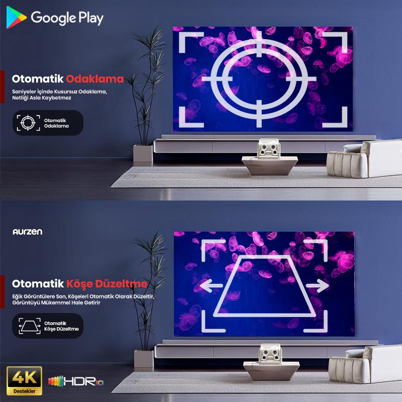 Vankyo Aurzen Boom Mini Android Google TV 4K Destekli Projeksiyon Cihazı +HDR10+ToF Auto Focus+ToF Auto Keystone+6G WiFi+6.1BT+20W Dolby Ses Sistemi+Ayarlanabilir Açılı Beyaz - PS5/PS4/XBOX/NINTENDO