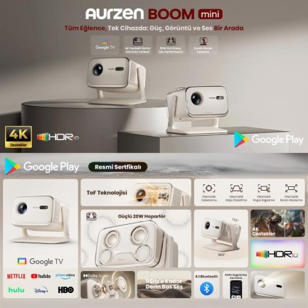 Vankyo Aurzen Boom Mini Android Google TV 4K Destekli Projeksiyon Cihazı +HDR10+ToF Auto Focus+ToF Auto Keystone+6G WiFi+6.1BT+20W Dolby Ses Sistemi+Ayarlanabilir Açılı Beyaz - PS5/PS4/XBOX/NINTENDO - Thumbnail
