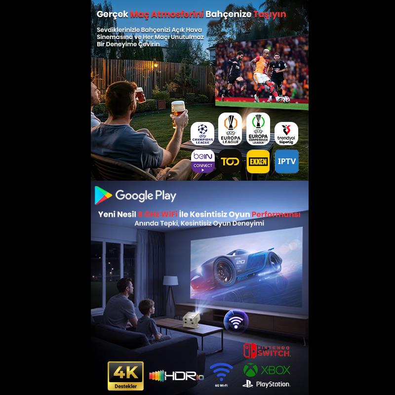 Vankyo Aurzen Boom Mini Android Google TV 4K Destekli Projeksiyon Cihazı +HDR10+ToF Auto Focus+ToF Auto Keystone+6G WiFi+6.1BT+20W Dolby Ses Sistemi+Ayarlanabilir Açılı Beyaz - PS5/PS4/XBOX/NINTENDO