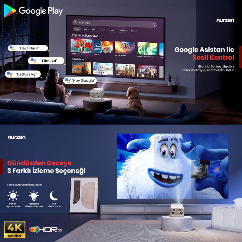 Vankyo Aurzen Boom Mini Android Google TV 4K Destekli Projeksiyon Cihazı +HDR10+ToF Auto Focus+ToF Auto Keystone+6G WiFi+6.1BT+20W Dolby Ses Sistemi+Ayarlanabilir Açılı Beyaz - PS5/PS4/XBOX/NINTENDO
