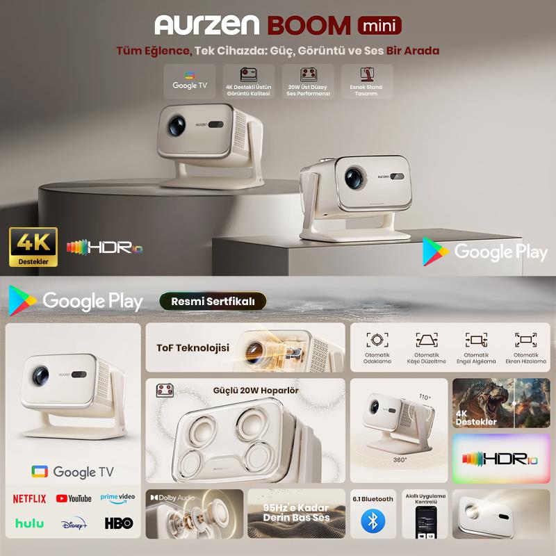 Vankyo Aurzen Boom Mini Android Google TV 4K Destekli Projeksiyon Cihazı +HDR10+ToF Auto Focus+ToF Auto Keystone+6G WiFi+6.1BT+20W Dolby Ses Sistemi+Ayarlanabilir Açılı Beyaz - PS5/PS4/XBOX/NINTENDO