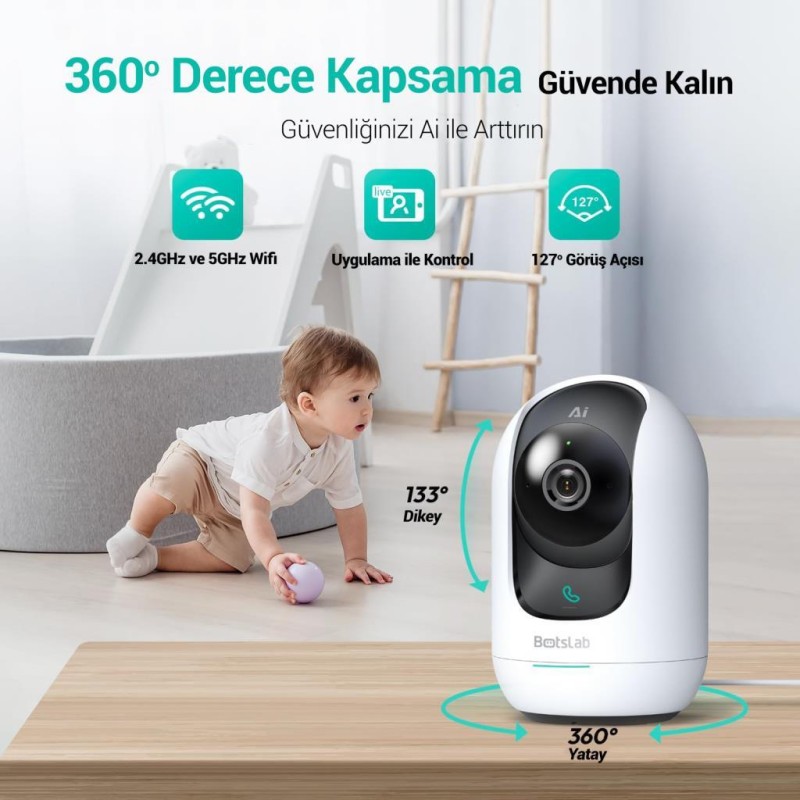 Botslab 360+ C221 Pro 3K 360° Akıllı Güvenlik Kamerası Bebek Monitörü Evcil Hayvan Kamerası İç Mekan Kamerası IP Kamera Yeni Versiyon (Distribütör Garantili)