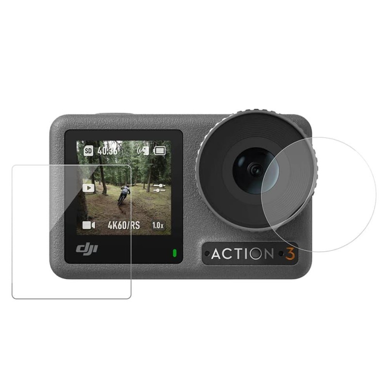 DJI Osmo Action 3 İçin Temperli Kırılmaz Cam Filmi Ekran Koruyucu ( Ön Ekran + Arka Ekran + Lens )