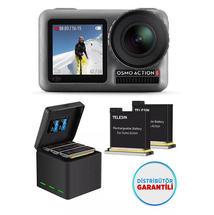 DJI OSMO Action Aksiyon Kamera + Çoklu Şarj Aleti Kiti + 2 ADET Yedek Batarya + SD Card Saklama Alanı