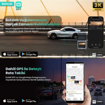 360+ Botslab G300H Pro ADAS 3K WiFi+GPS 150° Geniş Açı Gece Görüşlü Araç İçi Kamera Dash Cam Araç Kamerası+WDR+LCD Ekran+G-Sensör+Sesli Kontrol - Thumbnail