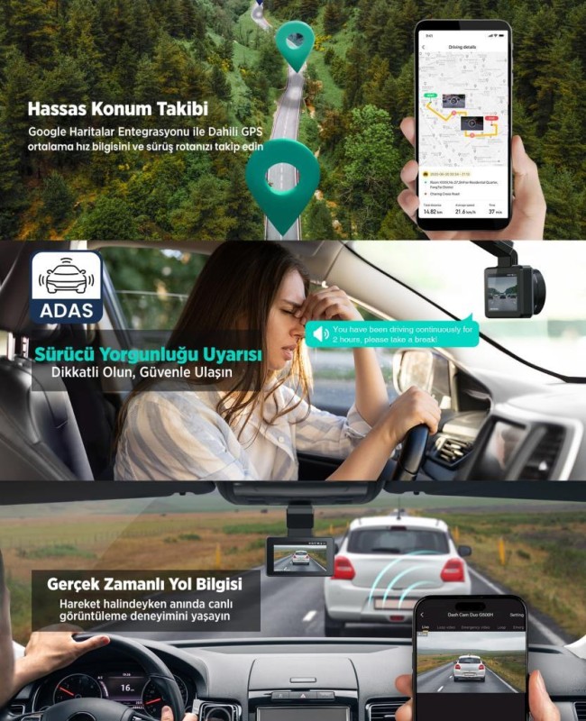 360+ Botslab G500H Pro ADAS Ön 3K QHD - Arka 1080P FHD 150° Geniş Açı WiFi+GPS Gece Görüşlü Akıllı Araç İçi Kamera