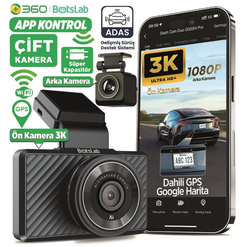360+ Botslab G500H Pro ADAS Ön 3K QHD - Arka 1080P FHD 150° Geniş Açı WiFi+GPS Gece Görüşlü Akıllı Araç İçi Kamera