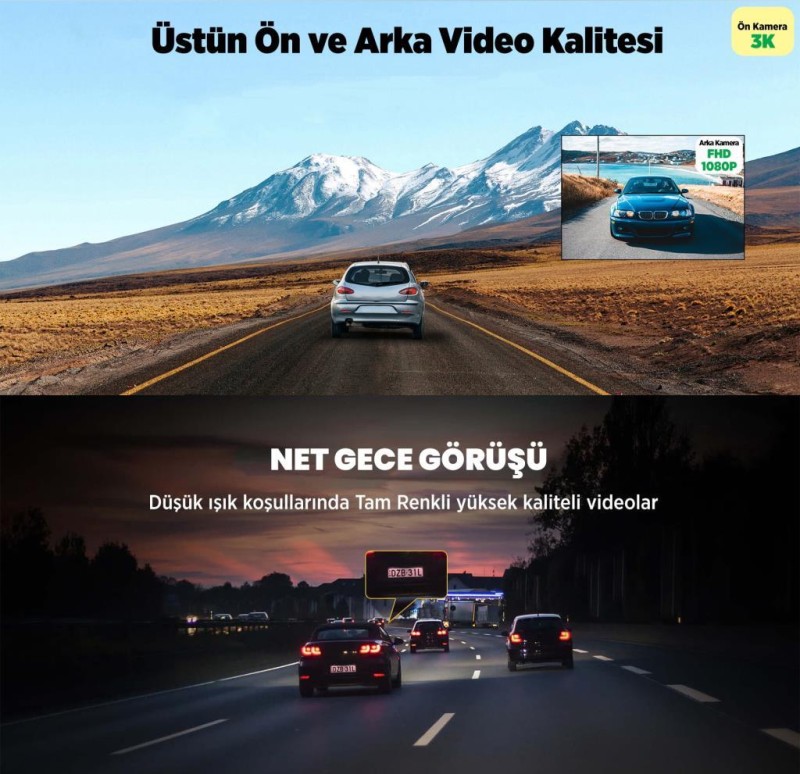 360+ Botslab G500H Pro ADAS Ön 3K QHD - Arka 1080P FHD 150° Geniş Açı WiFi+GPS Gece Görüşlü Akıllı Araç İçi Kamera