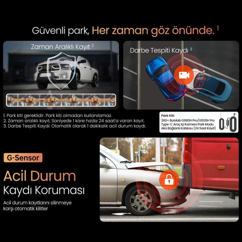 360+ Botslab G980H Pro ADAS Ön Kamera Gerçek 4K UHD Arka 2K QHD 170° Geniş Açı Lens Gece Görüşü Dahili Gps Modülü Akıllı Araç İçi Kamera (64GB HAFIZA KARTI HEDİYELİ)+Park Modu Kiti Combo 
