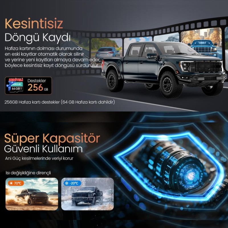 360+ Botslab G980H Pro ADAS Ön Kamera Gerçek 4K UHD Arka 2K QHD 170° Geniş Açı Lens Gece Görüşü Dahili Gps Modülü Akıllı Araç İçi Kamera (64GB HAFIZA KARTI HEDİYELİ)+Park Modu Kiti Combo 