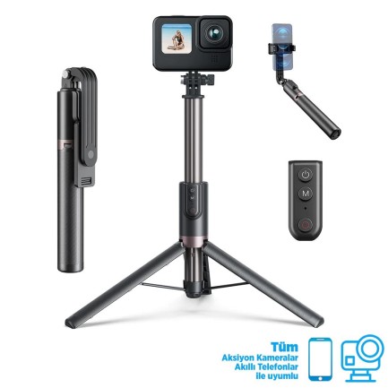 GoPro Aksiyon Kameraları İçin VLOG Bluetooth Uzaktan Kumandalı 1.3 Metre Selfie Çubuğu + Tripod ( GoPro Hero12 Black Hero11 Black / Hero10 Black / Hero9 / Hero8 / Max / Telefon ) - 2023 Versiyon - Thumbnail