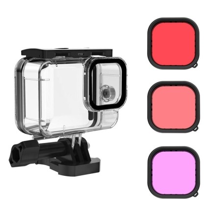 TELESIN - GoPro Hero10 Black / Hero9 Black İçin Su Geçirmez Housing Koruyucu Muhafaza Kamera Kutusu Koruma Kabı Kılıf + 3 Adet Su Altı Dalış Filtresi ( Kırmızı + Magenta + Pembe )