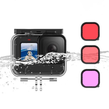 GoPro Hero10 Black / Hero9 Black İçin Su Geçirmez Housing Koruyucu Muhafaza Kamera Kutusu Koruma Kabı Kılıf + 3 Adet Su Altı Dalış Filtresi ( Kırmızı + Magenta + Pembe ) - Thumbnail
