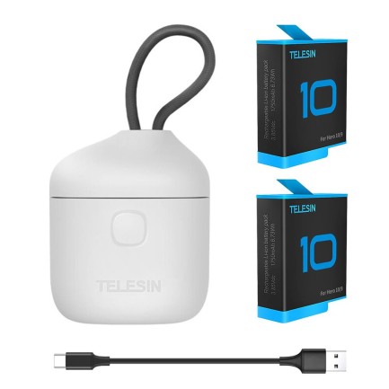 TELESIN - GoPro 3 Kanallı Allin Box İkili Şarj Cihazı + 2 ADET Yedek Batarya Su Geçirmez + SD Card Saklama Alanı Type-C ( Hero10 / Hero9 Black )