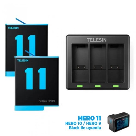 TELESIN - GoPro İkili Şarj Cihazı + 2 ADET Yedek Batarya ( GoPro Hero11 Black / Hero10 Black / Hero9 Black İçin )