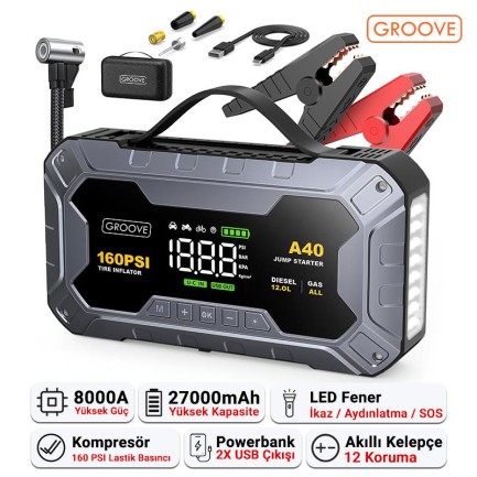 GROOVE - Groove A40 Akü Takviye Cihazı + Lastik Şişirme Kompresörlü Taşınabilir Jump Starter