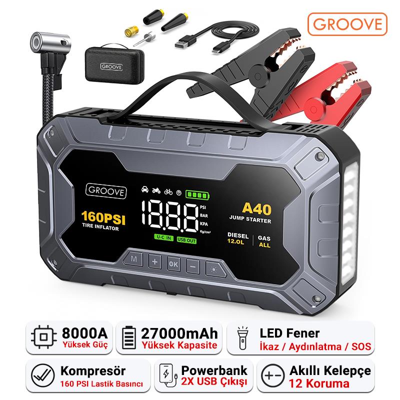 Groove A40 Akü Takviye Cihazı + Lastik Şişirme Kompresörlü Taşınabilir Jump Starter