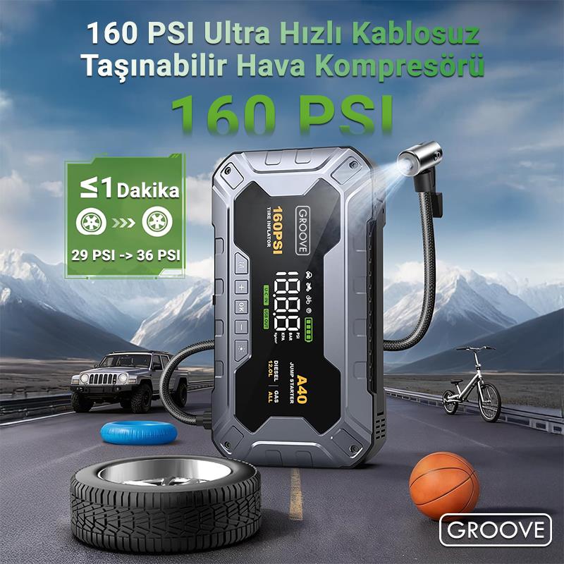 Groove A40 Akü Takviye Cihazı + Lastik Şişirme Kompresörlü Taşınabilir Jump Starter