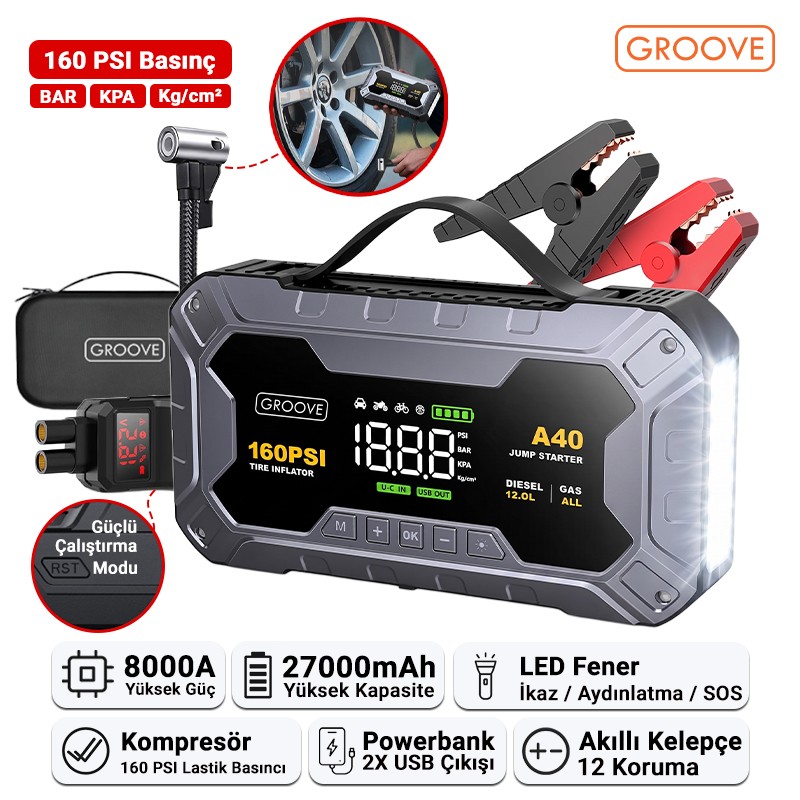 GROOVE A40 27000mAh 8000A Akü Takviye Cihazı+Lastik Şişirme Pompası Kompresörlü Jump Starter (Çanta+Powerbank+Led Lamba+LCD Ekran)