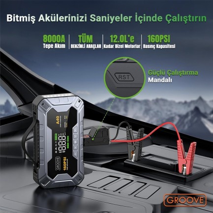 GROOVE A40 27000mAh 8000A Akü Takviye Cihazı+Lastik Şişirme Pompası Kompresörlü Jump Starter (Çanta+Powerbank+Led Lamba+LCD Ekran) - Thumbnail
