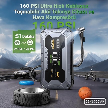 GROOVE A40 27000mAh 8000A Akü Takviye Cihazı+Lastik Şişirme Pompası Kompresörlü Jump Starter (Çanta+Powerbank+Led Lamba+LCD Ekran) - Thumbnail
