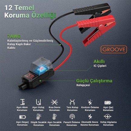 GROOVE A40 27000mAh 8000A Akü Takviye Cihazı+Lastik Şişirme Pompası Kompresörlü Jump Starter (Çanta+Powerbank+Led Lamba+LCD Ekran) - Thumbnail