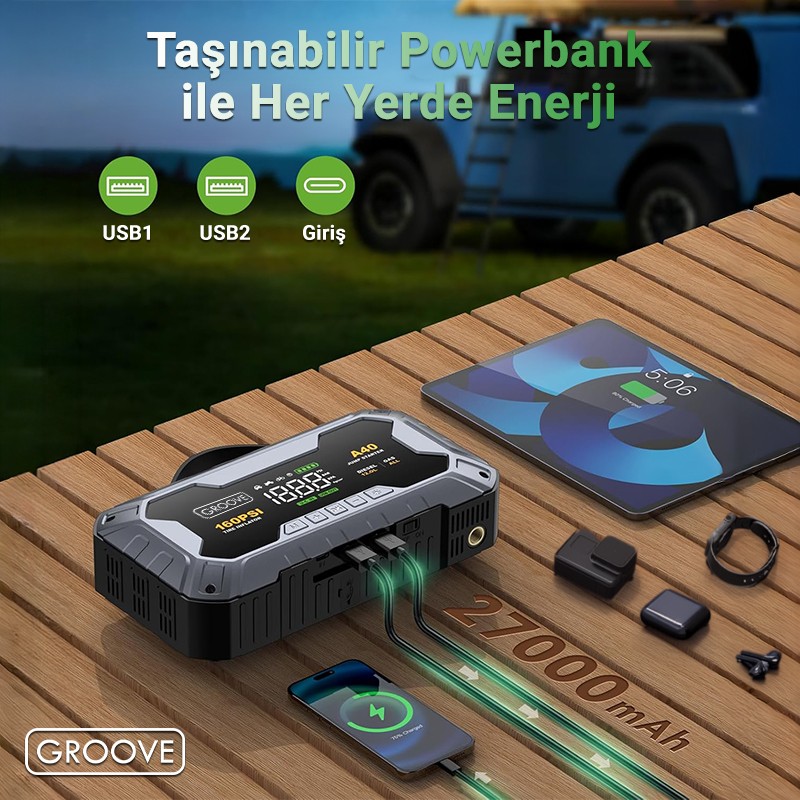 GROOVE A40 27000mAh 8000A Akü Takviye Cihazı+Lastik Şişirme Pompası Kompresörlü Jump Starter (Çanta+Powerbank+Led Lamba+LCD Ekran)