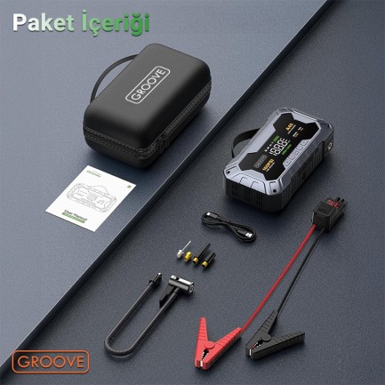 GROOVE A40 27000mAh 8000A Akü Takviye Cihazı+Lastik Şişirme Pompası Kompresörlü Jump Starter (Çanta+Powerbank+Led Lamba+LCD Ekran) - Thumbnail
