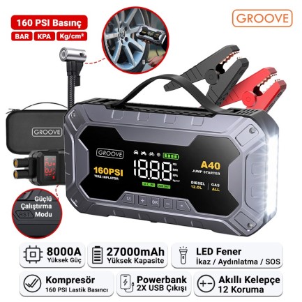 GROOVE - GROOVE A40 27000mAh 8000A Akü Takviye Cihazı+Lastik Şişirme Pompası Kompresörlü Jump Starter (Çanta+Powerbank+Led Lamba+LCD Ekran)