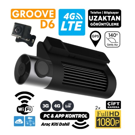 GROOVE D6 4G LTE Araç İçi Kamera - Uzaktan Erişim Canlı Video | WiFi | GPS | Full HD 1080p Ön Arka 2x Kamera | Çift Yönlü Konuşma - Thumbnail